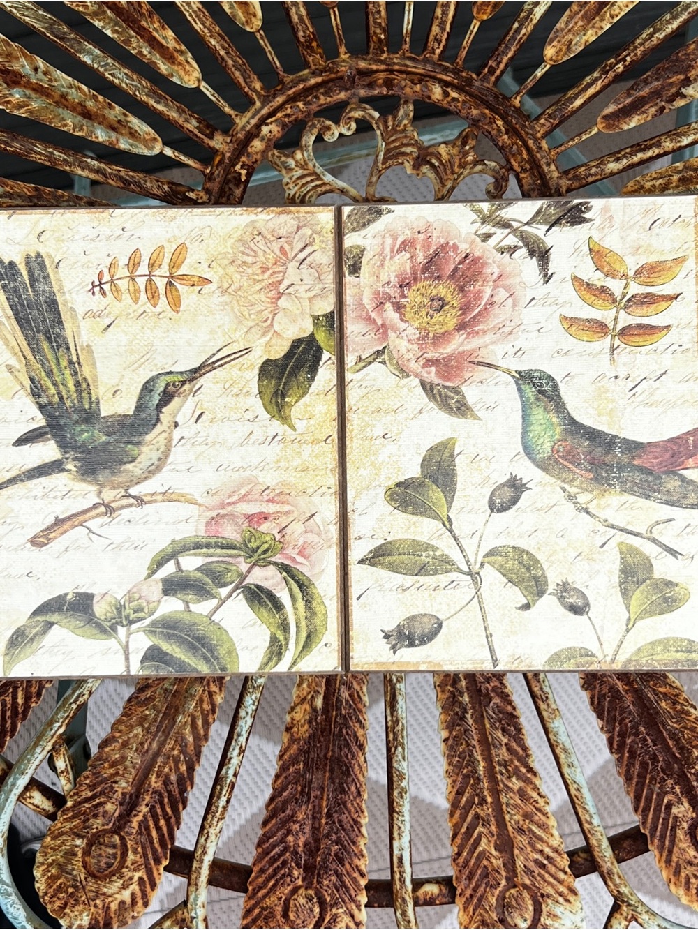 Set 2 Hummingbird Botanical Cottage Farmhouse Floral French Country Wood Panels